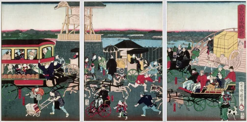 Utsikt över Nihonbashi i Tokyo, ca 1870 (färgat träblock)